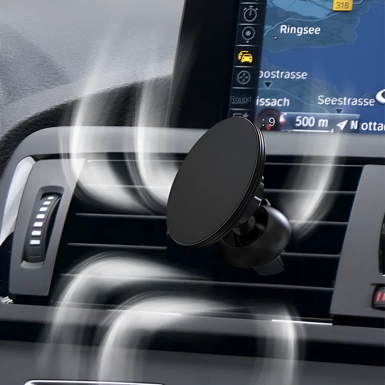 Black aluminium alloy magnetic car phone holder mounted on vehicle air vent