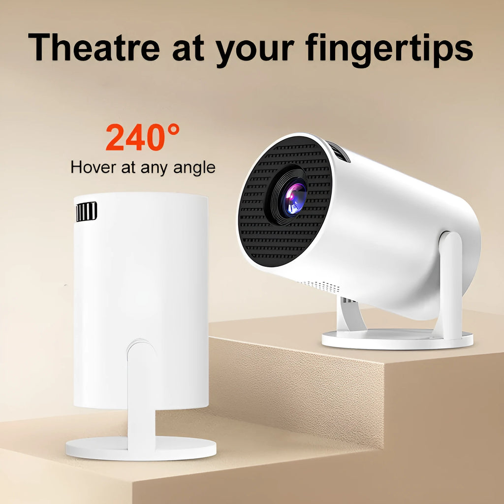 White MINI wireless portable projector showing 1080p HD resolution specifications