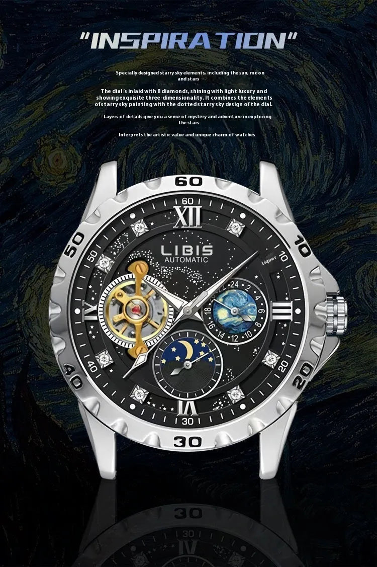 Silver case men's automatic watch with black starry dial, luminous markers, and leather strap
