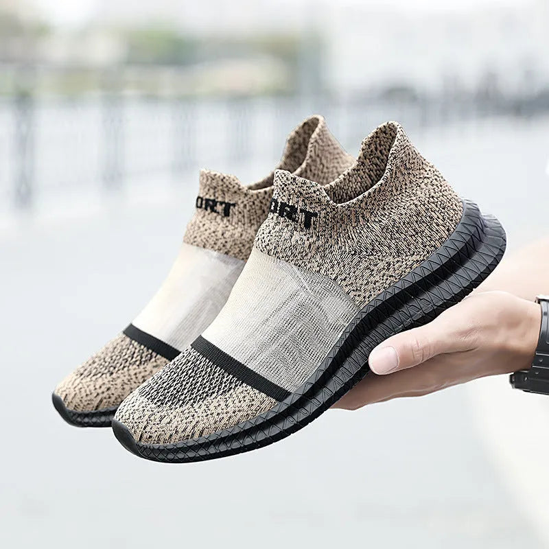 Flyknit low-top sock shoes in khaki with tassel laces and a breathable hollow design on an MD sole.