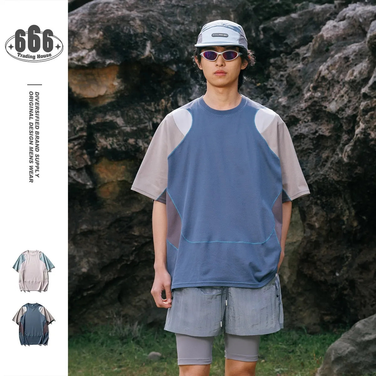 Men's cotton blend sports T-shirt with raglan sleeves in loose fit, shown in Galaxy Blue colour