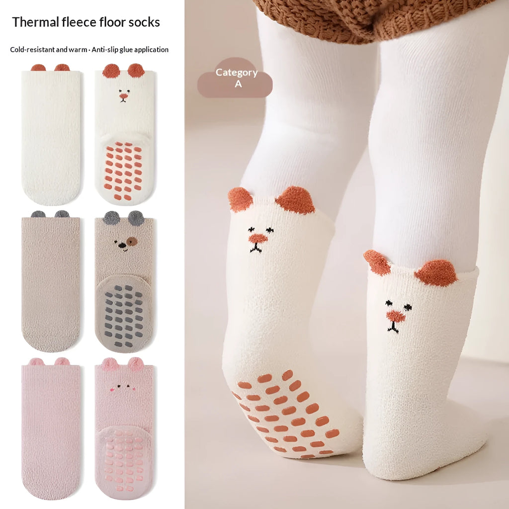 Cartoon fleece-lined children's socks in khaki with mid-calf shaft height