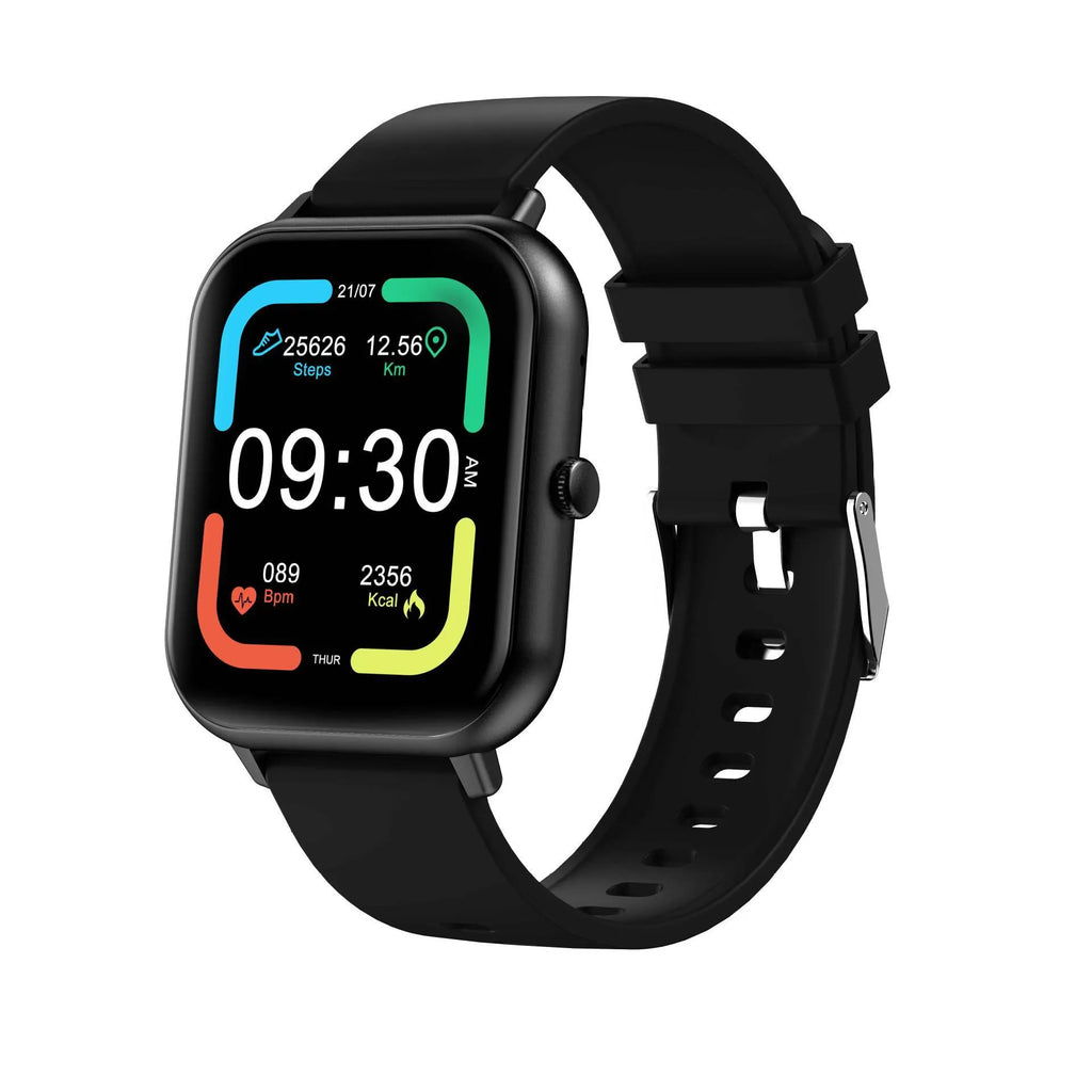 Bluetooth smart watch with AI voice control and heart rate monitoring display showing colour options
