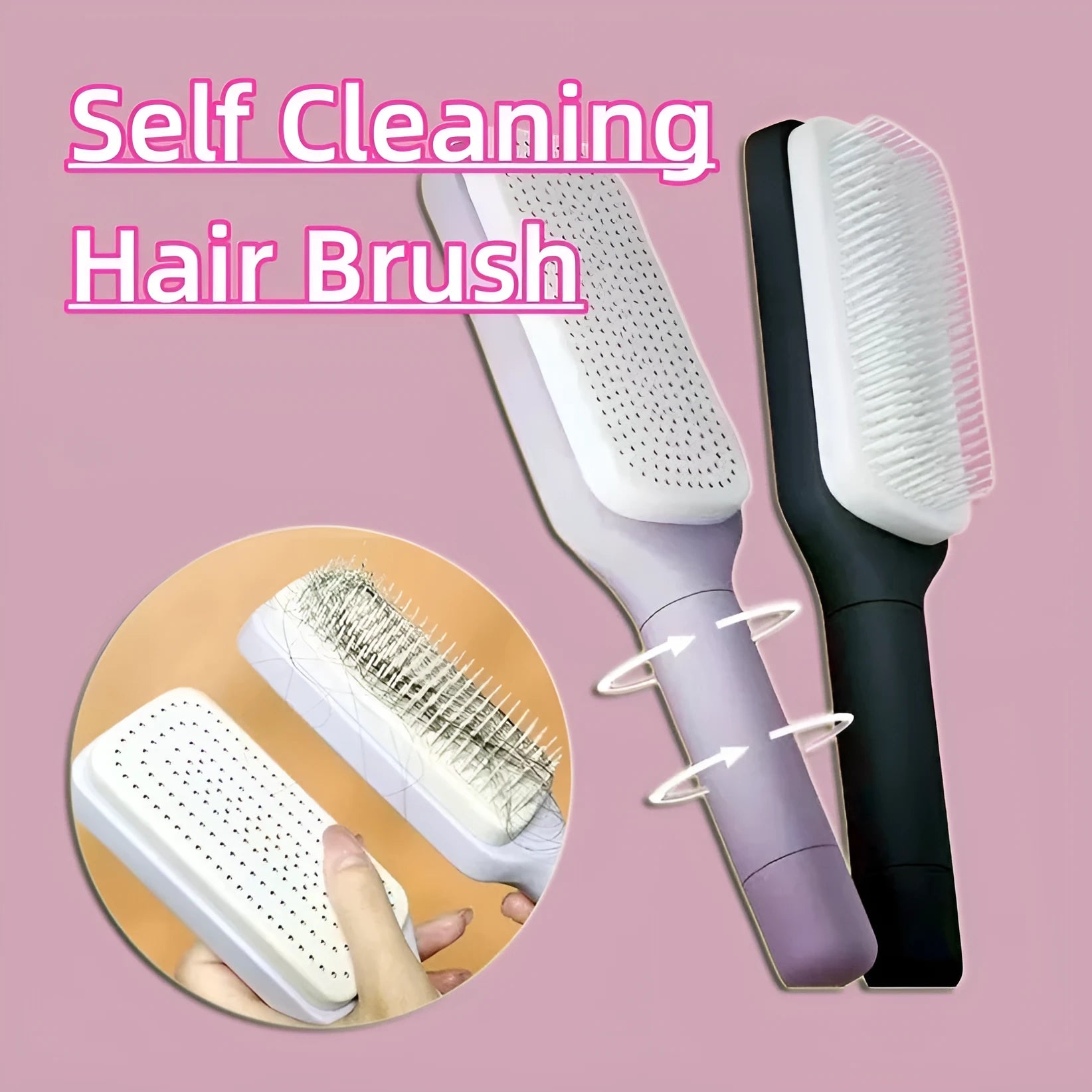 Roland purple self-cleaning hair brush with telescopic handle and wide teeth for detangling