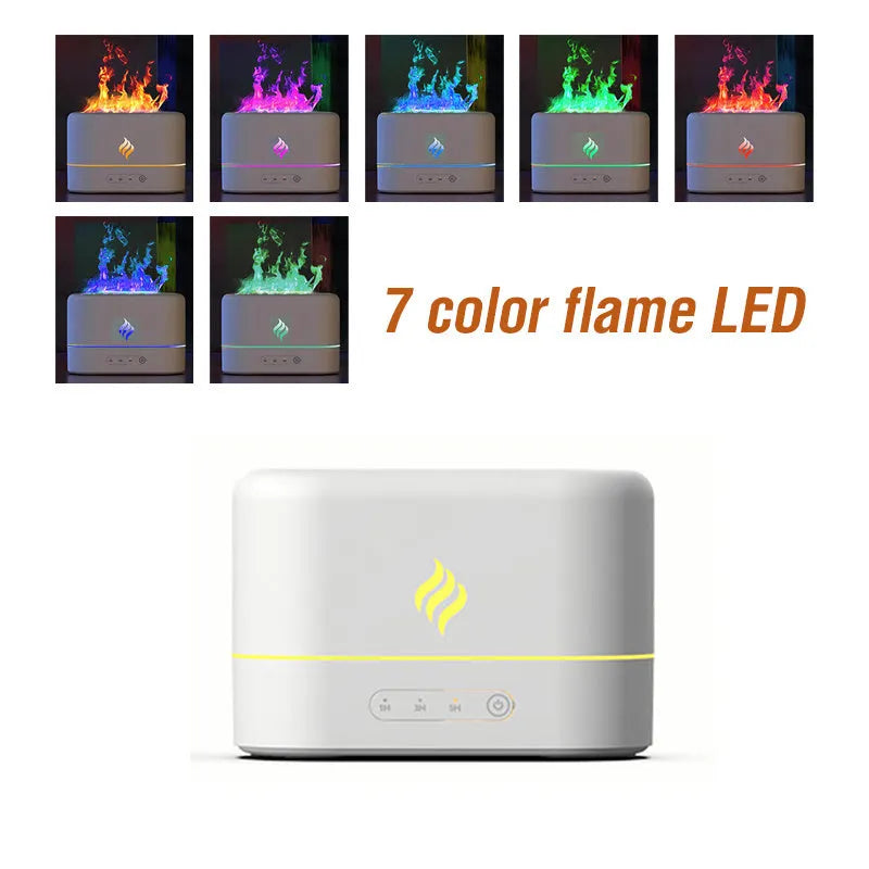 USB simulated flame humidifier with seven-colour lighting on desk next to plant