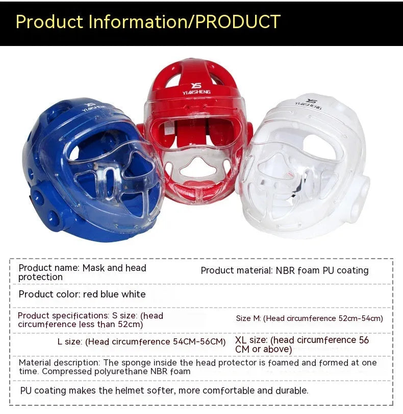 Karate helmet protective equipment in white, blue and red colours with multiple size options