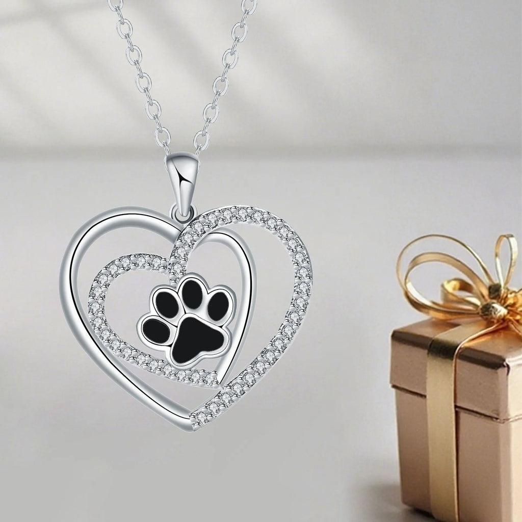 Women's silver tone dog paw prints heart necklace with copper pendant and cross chain