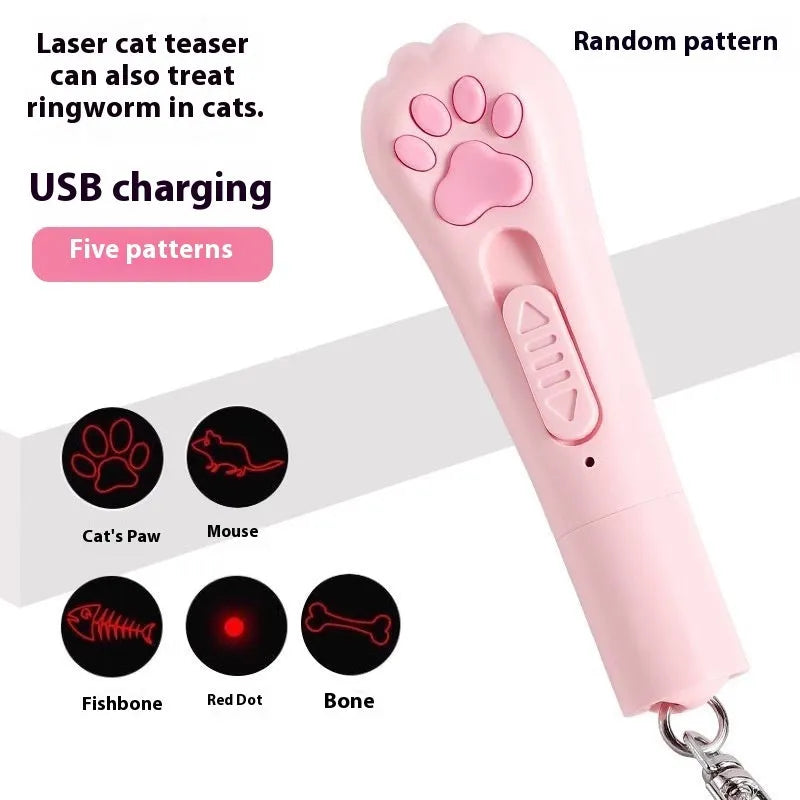 Cat pen light charging toy with self-hi button in pink, cream white, and sky blue colours
