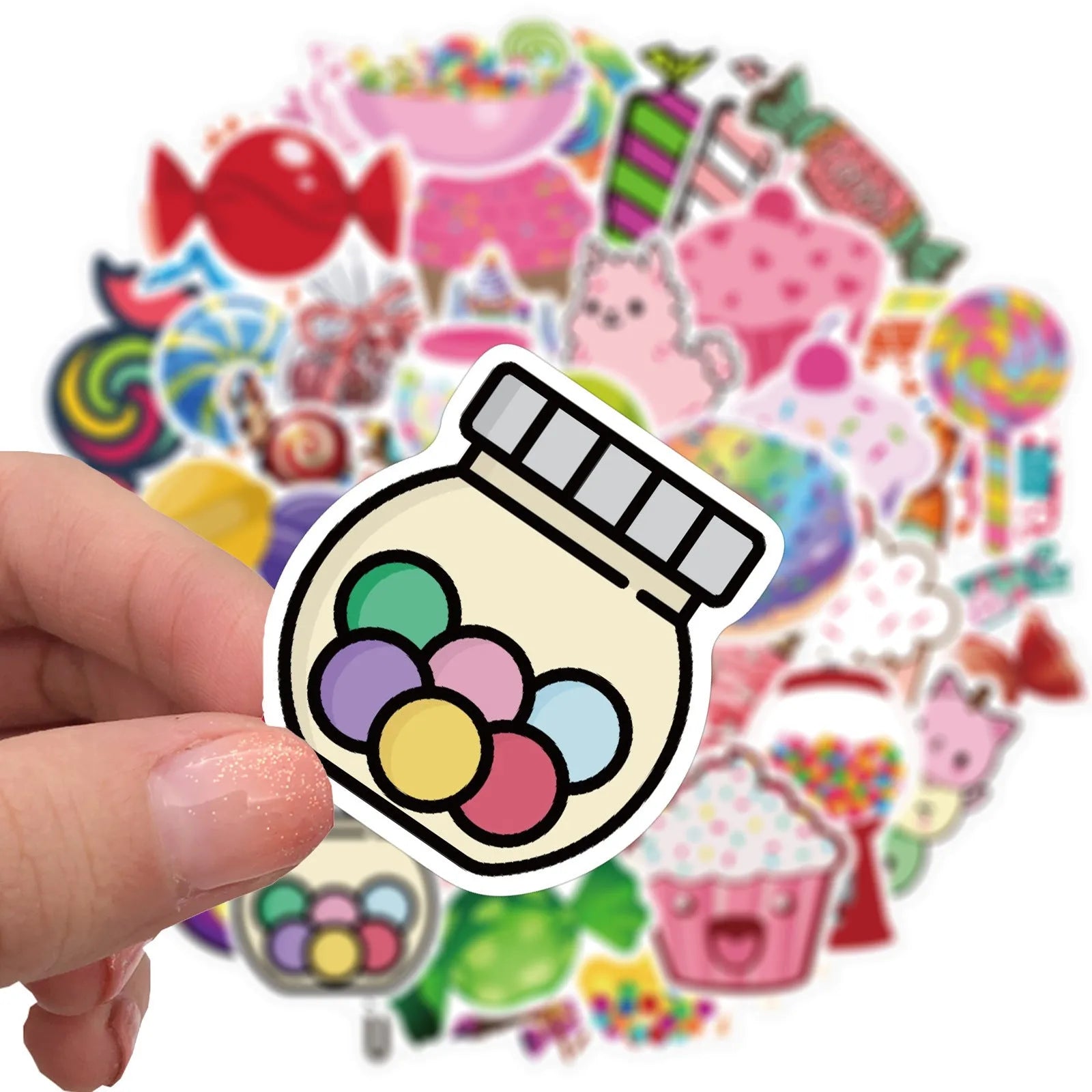 Candy series colourful graffiti cartoon stickers pack with 50 adhesive sheets in 4-6cm sizes