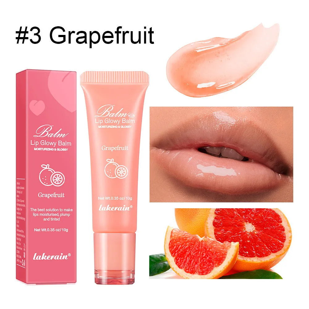 Women's flavoured lip gloss tube in four fruit flavour options: yellow peach, berry, pomelo, and grape