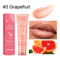 Women's flavoured lip gloss tube in four fruit flavour options: yellow peach, berry, pomelo, and grape