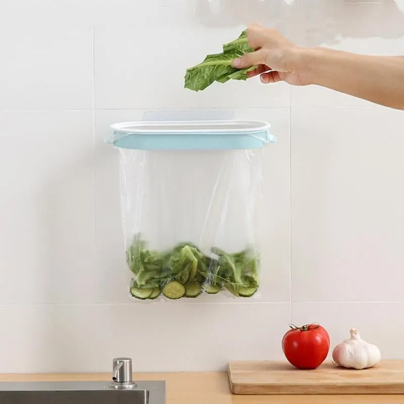 White plastic kitchen bin bag storage rack with handle and rubber feet, shown in blue colour.