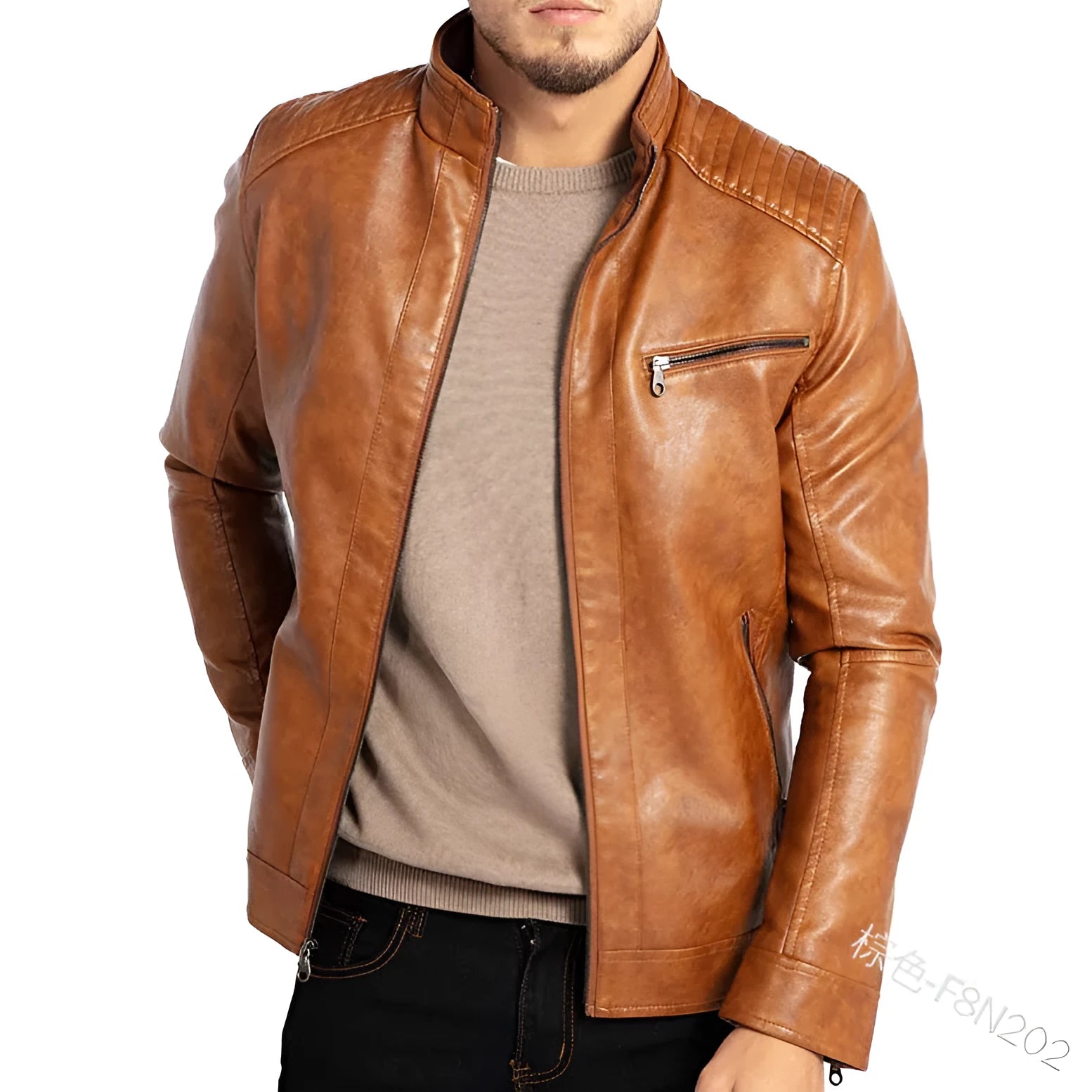 A brown men's punk-style artificial leather motorcycle jacket with a stand collar and patch pockets.