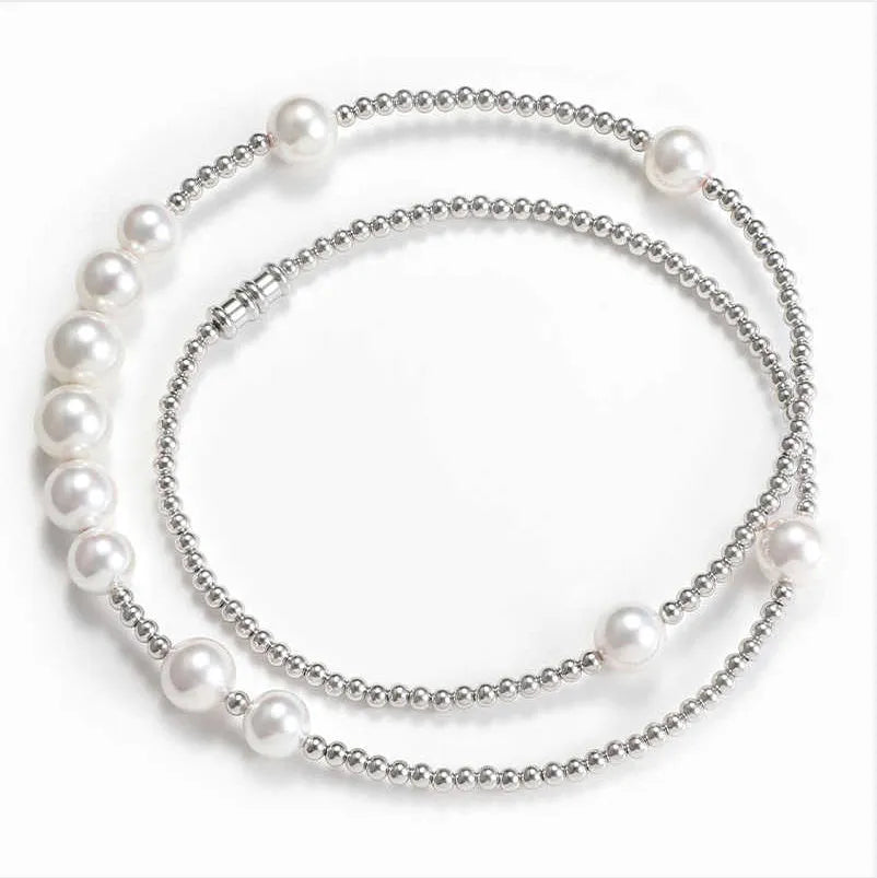 Unisex pearl necklace with bead on 51cm chain, silver spacer
