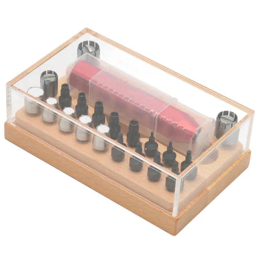 Steel watch repair tool kit with 20 pieces for opening cases and extracting tubes.
