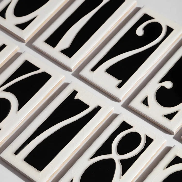 Handmade ceramic retro doorplate with enamel number, 76mm by 152mm.