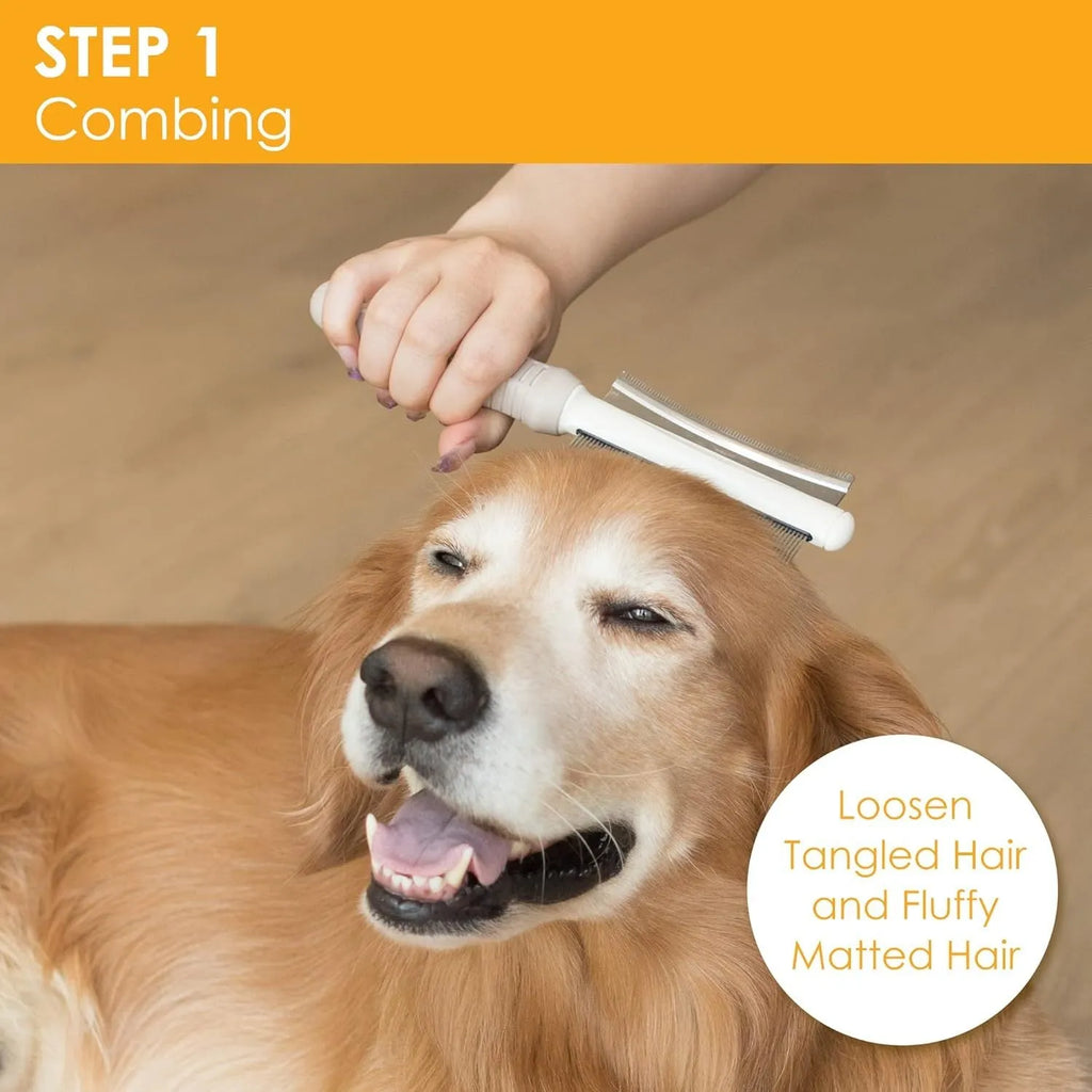 White double-sided dog and cat brush showing a grooming comb and deshedding brush head with a curved handle.