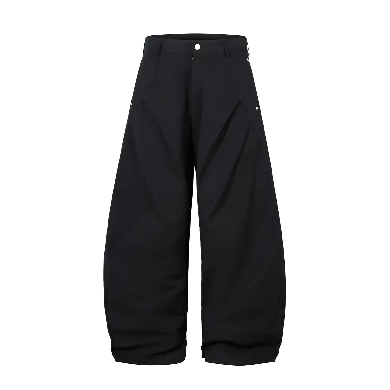 Men's black cotton trousers with pleated machete detailing and loose-fitting wide-leg silhouette