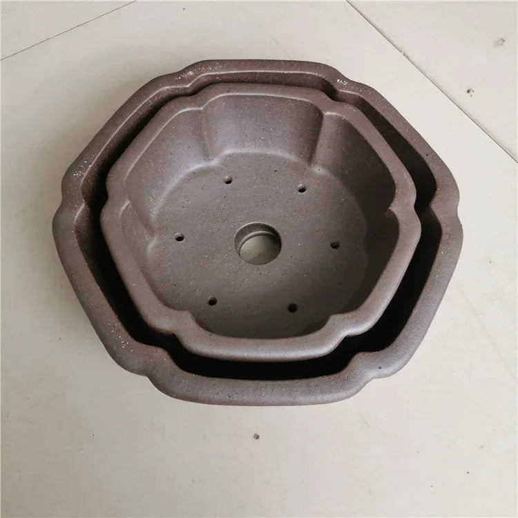 Large hexagonal purple sand kiln-baked flowerpot in brown for plants