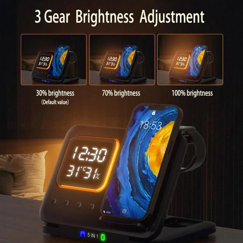 Black and white 5-in-1 wireless charging station with phone, watch and headphone docks, LED clock display