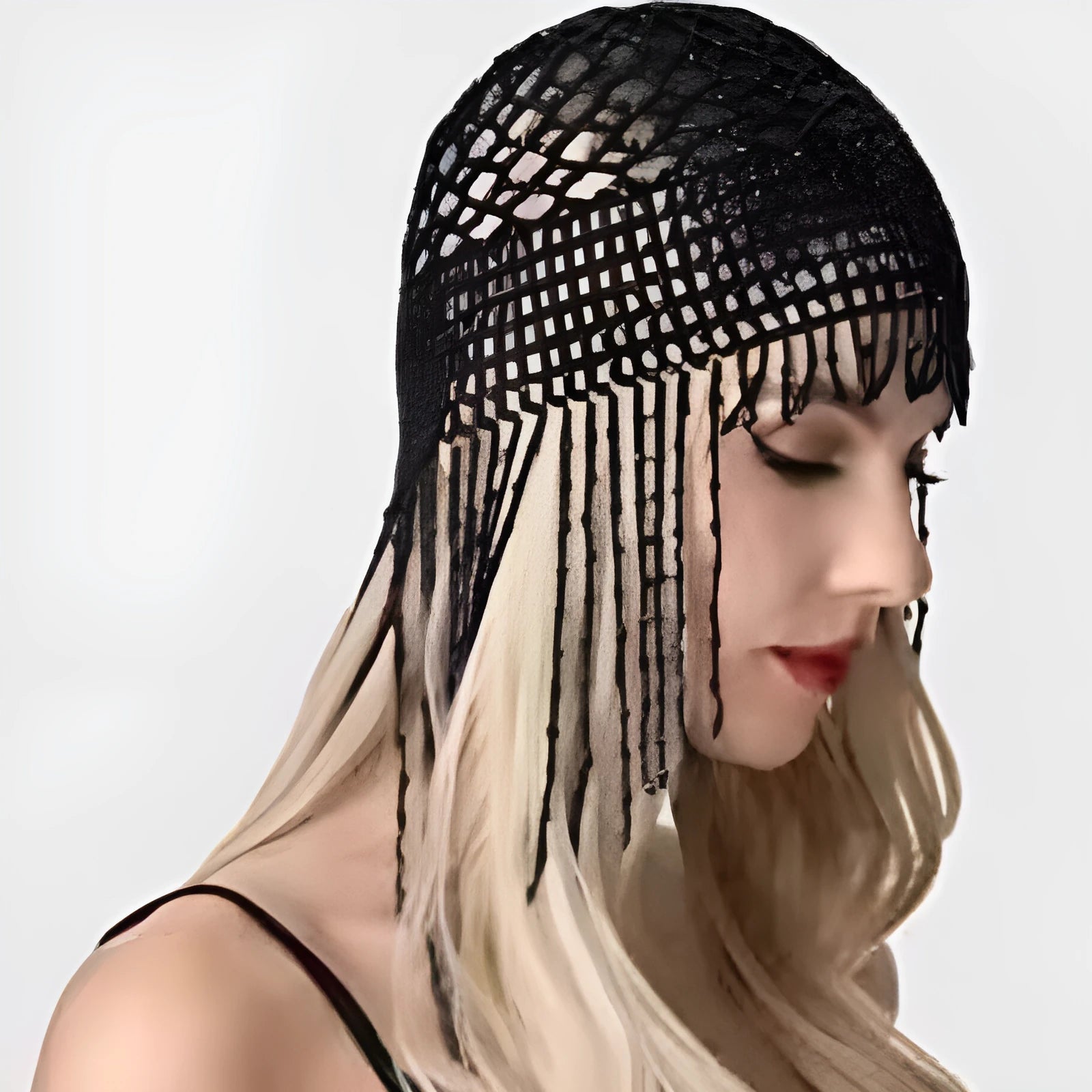 Handmade beaded belly dance hat hair ornament with tassels measuring 23cm wide