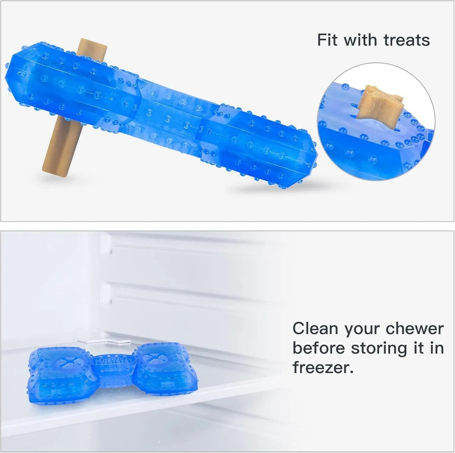 Freezable dog cooling chew toy in bone and circle shapes for teething puppies and anxiety relief.