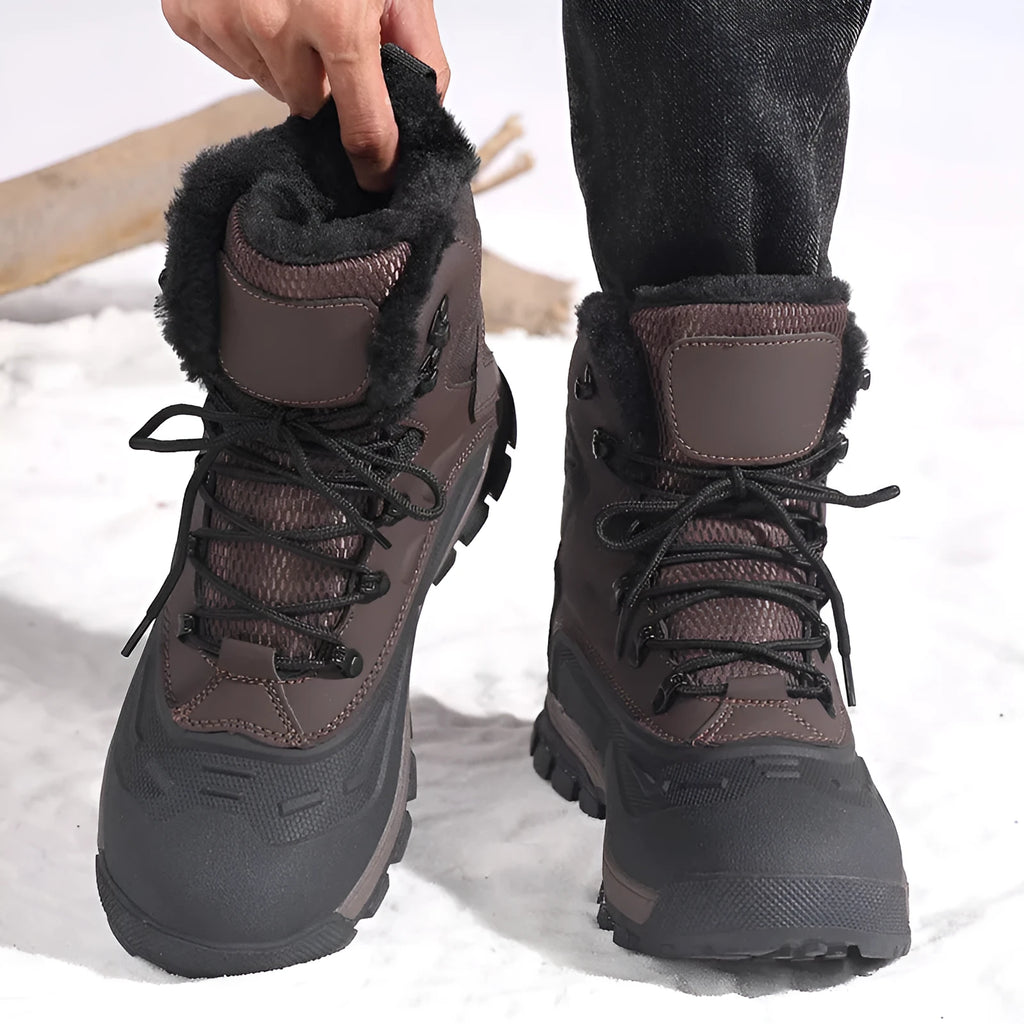 Men's black fleece-lined high-top boots with velvet lining and lace-up front