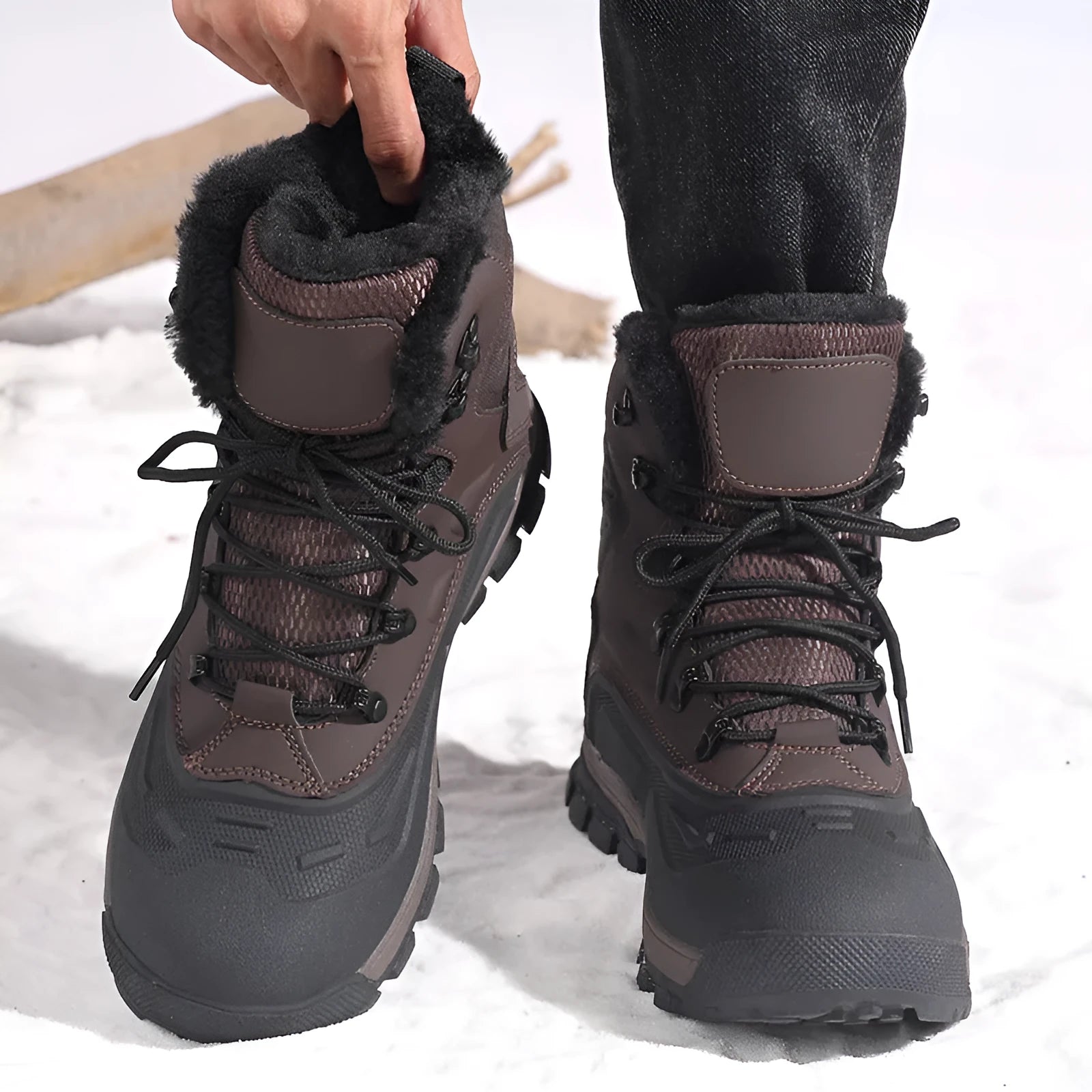 Men's black fleece-lined high-top boots with velvet lining and lace-up front