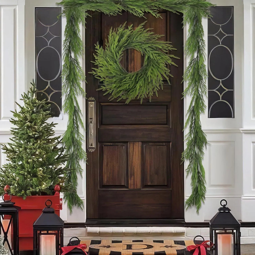 Green plastic PE feel garland with leaves, 60cm long, for front door decoration in American country style.