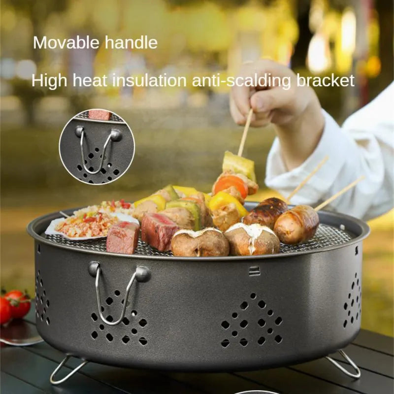 Portable stainless steel barbecue grill with detachable design and storage bag for camping.