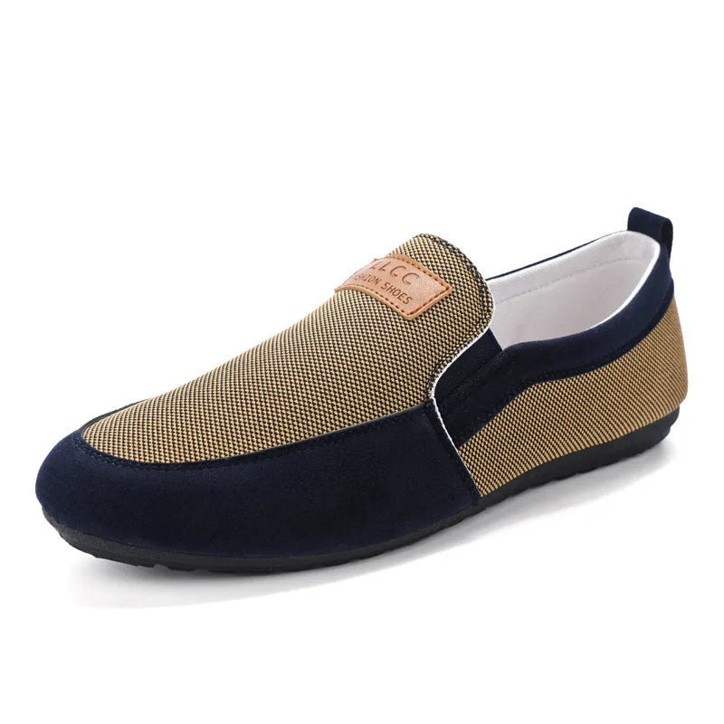 Men's grey and khaki canvas board shoes with round toe design and rubber soles