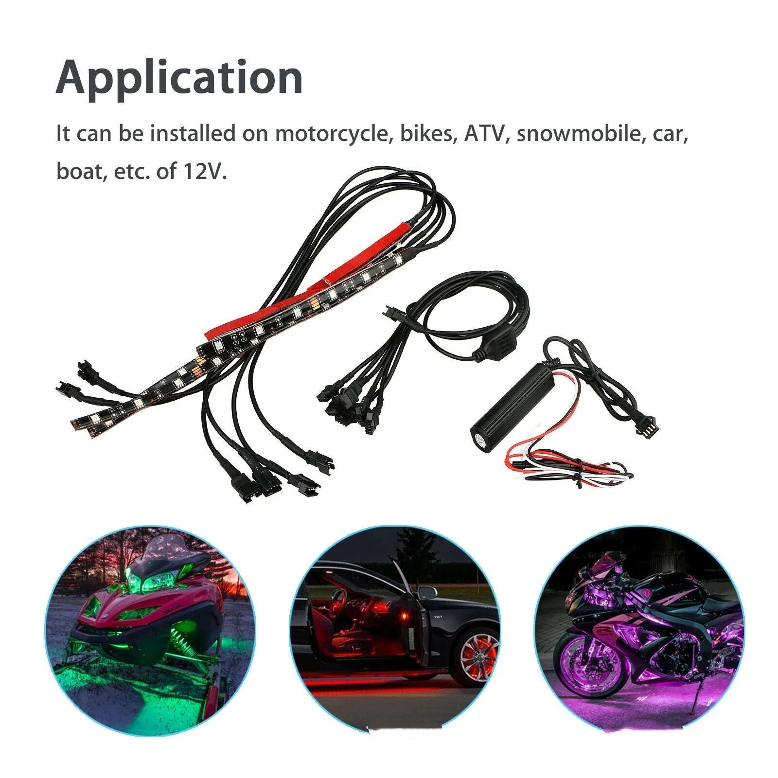 Black silicone LED atmosphere light bar for vehicles with wireless remote control showing RGB lighting effects