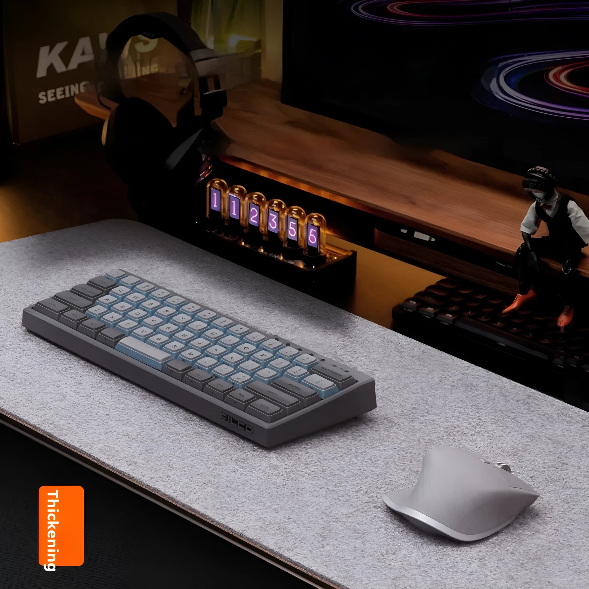 Japanese style grey felt cork oversized desk mouse mat with non-slip base.