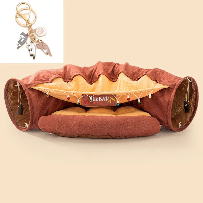 Collapsible cloth cat tunnel showing bar colour option with dimensions 45cm by 50cm by 22cm