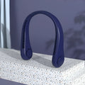 Blue USB charging portable bladeless neck fan showing adjustable speed settings