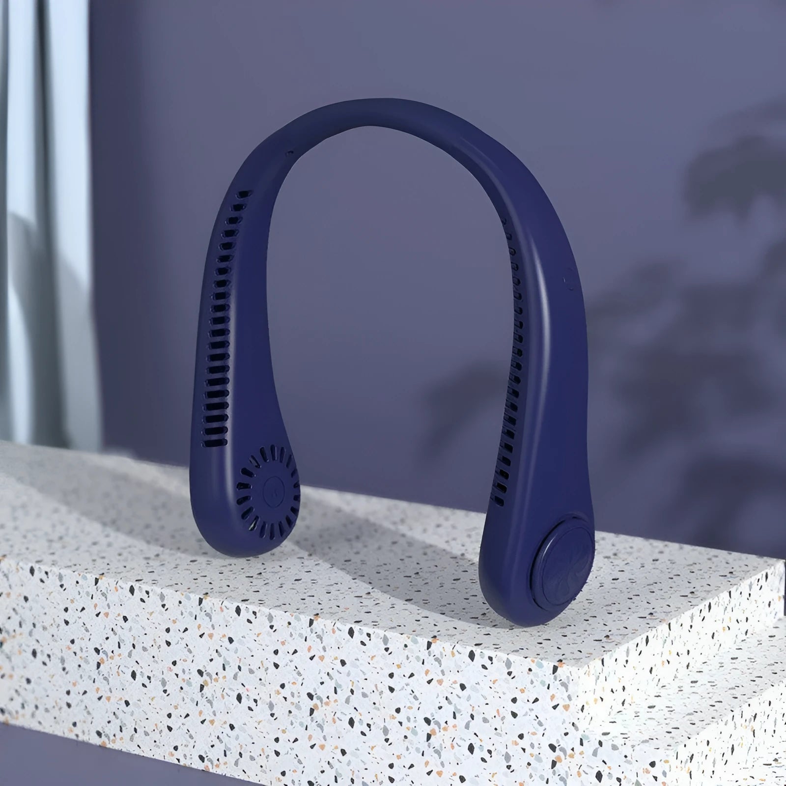Blue USB charging portable bladeless neck fan showing adjustable speed settings