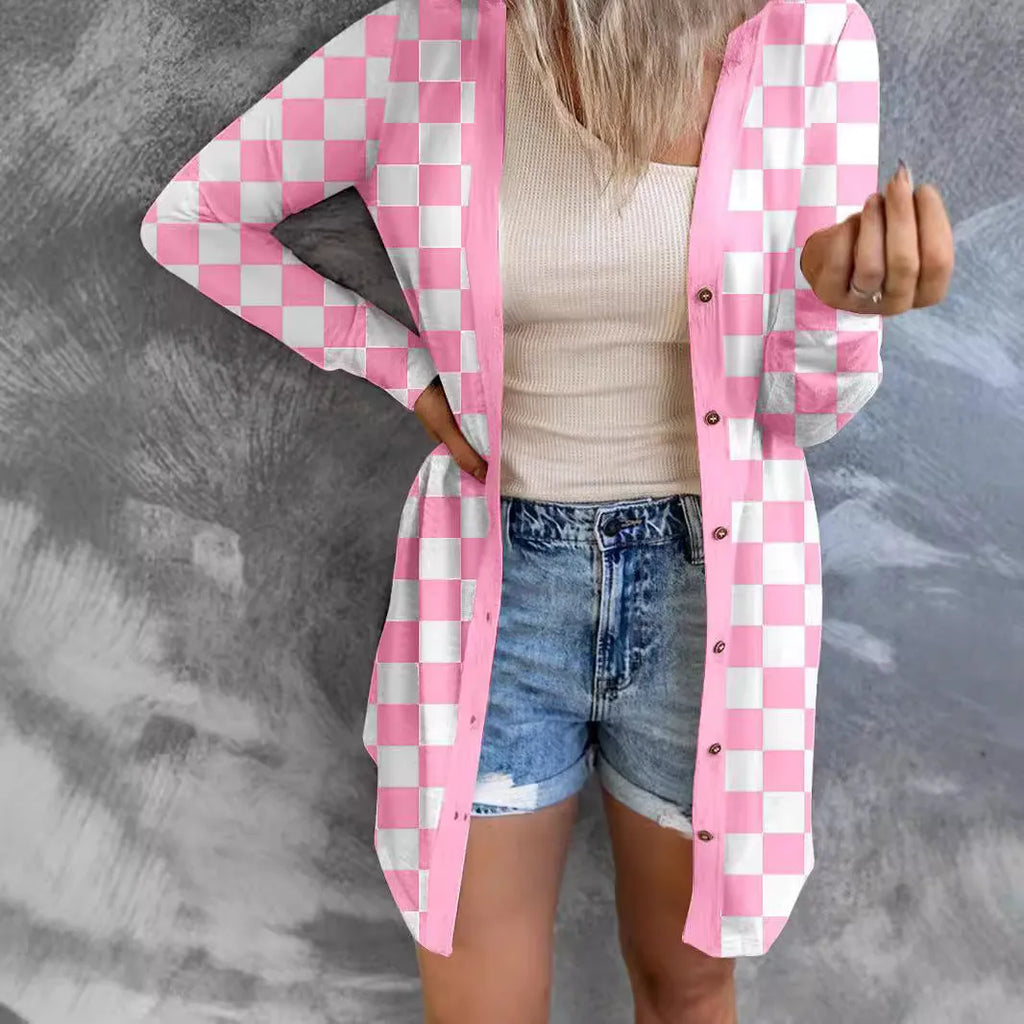 Women's long plaid knitted cardigan coat in street fashion style with loose fit