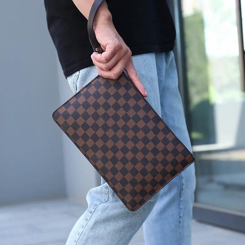 Men's black checkered PU leather clutch wallet showing card slots and zipper pocket