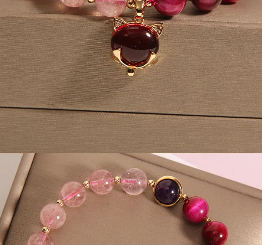 Simple strawberry crystal bracelet for women with elastic band, showing natural stone detail.
