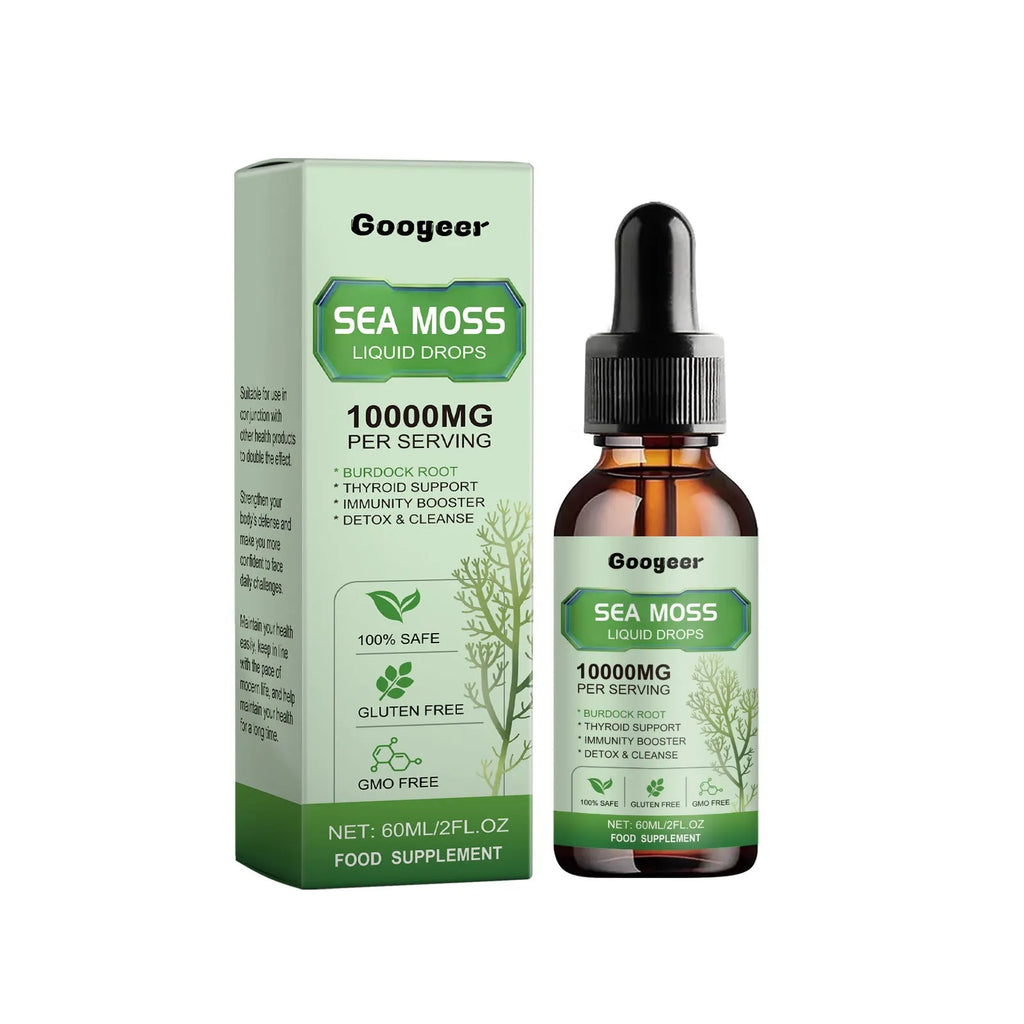Googeer sea moss liquid drops body treatment 60ml bottle measuring 3.3cm by 3.3cm by 12cm