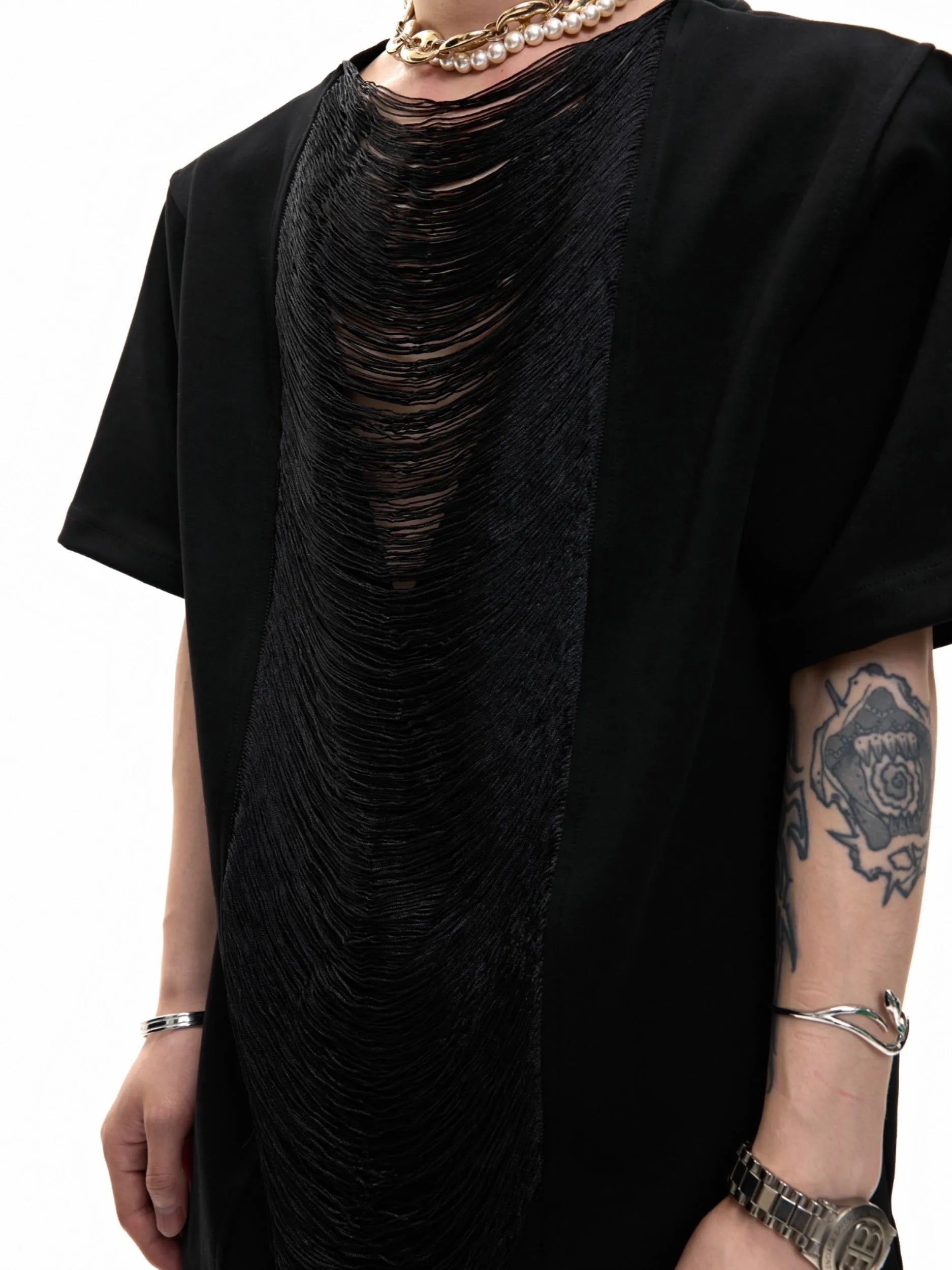 Men's black polyester T-shirt with hollow out V-neck and tassel details in loose fit style