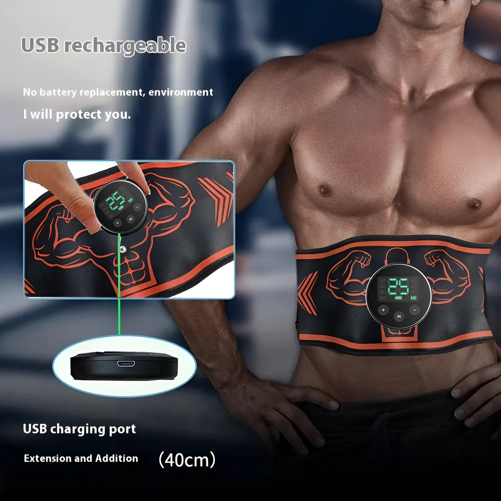 Smart EMS massage fitness belt with arm pads in blue and orange colour options