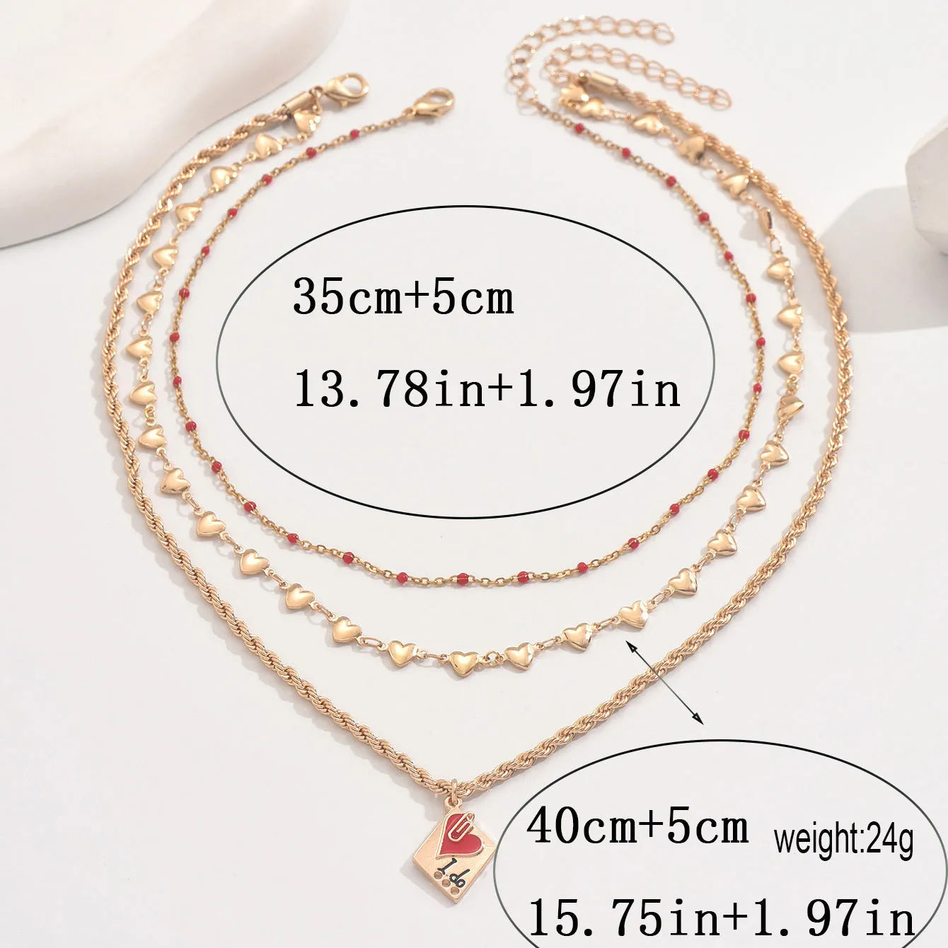 Zinc alloy geometric heart pendant on three-layer adjustable clavicle chain necklace