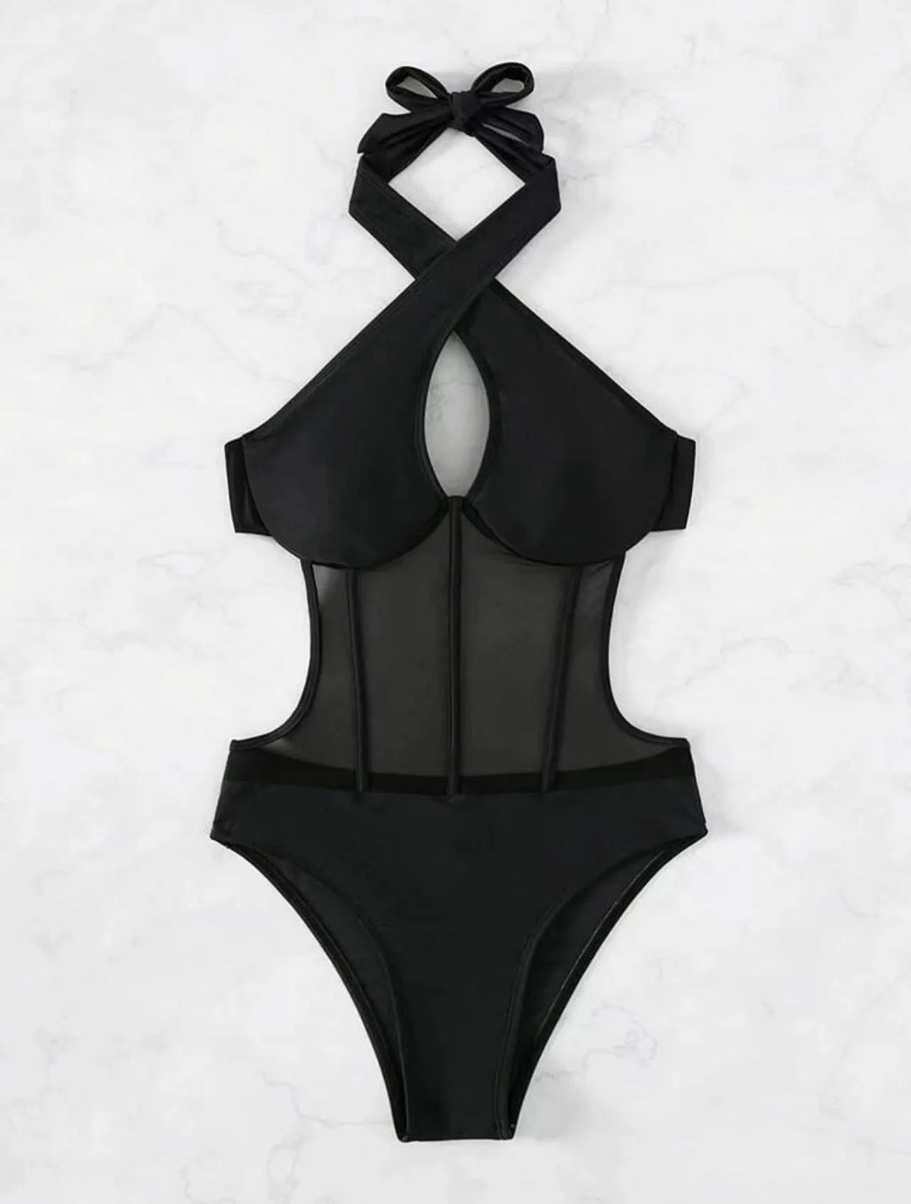 Women's black one-piece bikini swimsuit with nylon-spandex fabric on mannequin