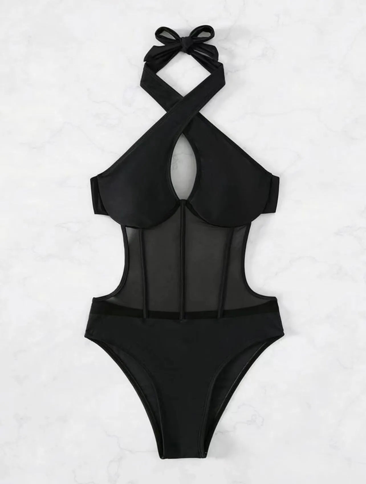 Women's black one-piece bikini swimsuit with nylon-spandex fabric on mannequin