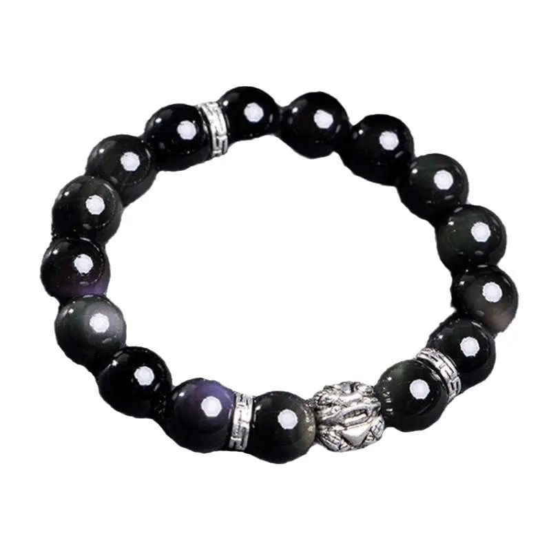 Natural obsidian bead bracelet with silver 999 details, showing male 12mm and female 10mm size options.