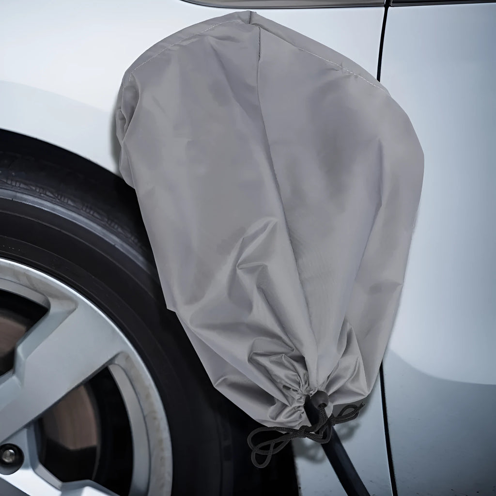 Grey waterproof cover for new energy vehicle charging port with drawstring closure