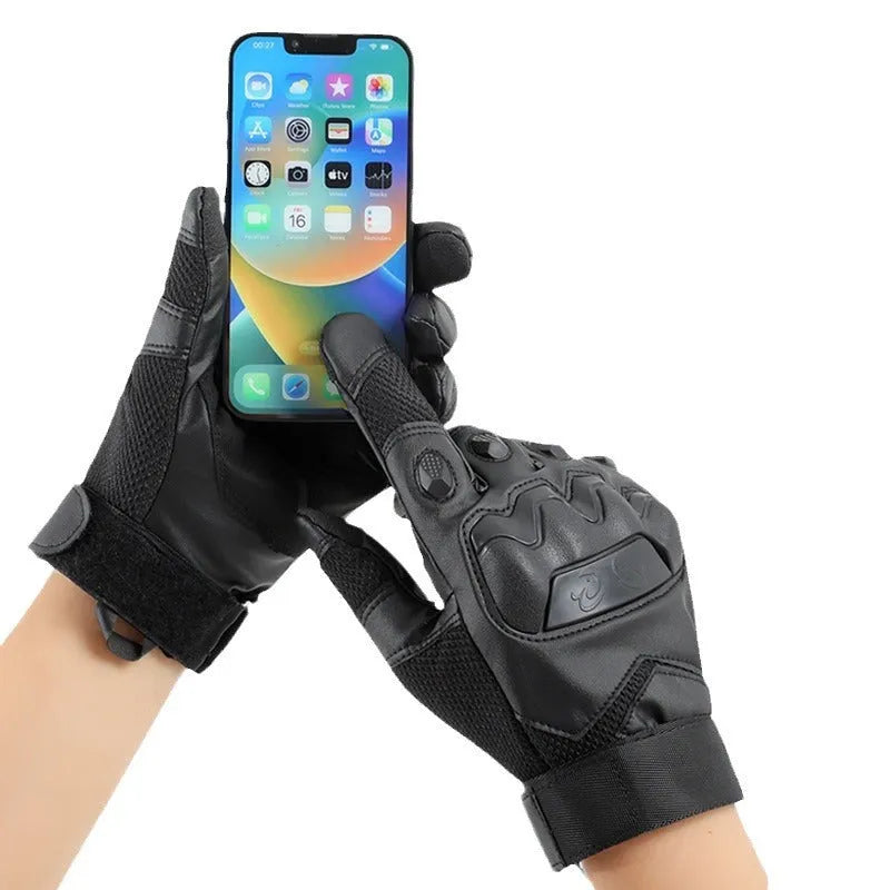 Men's black tactical full finger gloves with touch screen fingertips on a hand