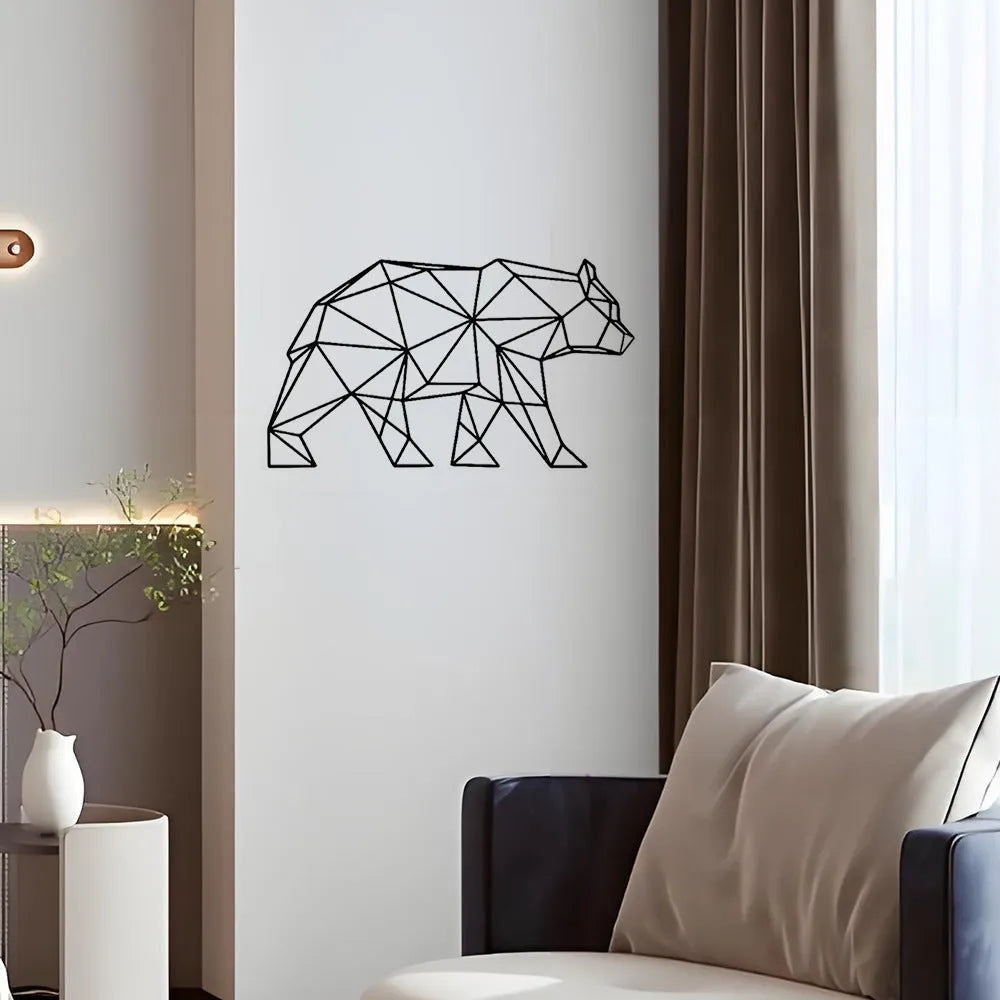 Black iron metal wall hanging decoration with polar bear silhouette line art design on a white background