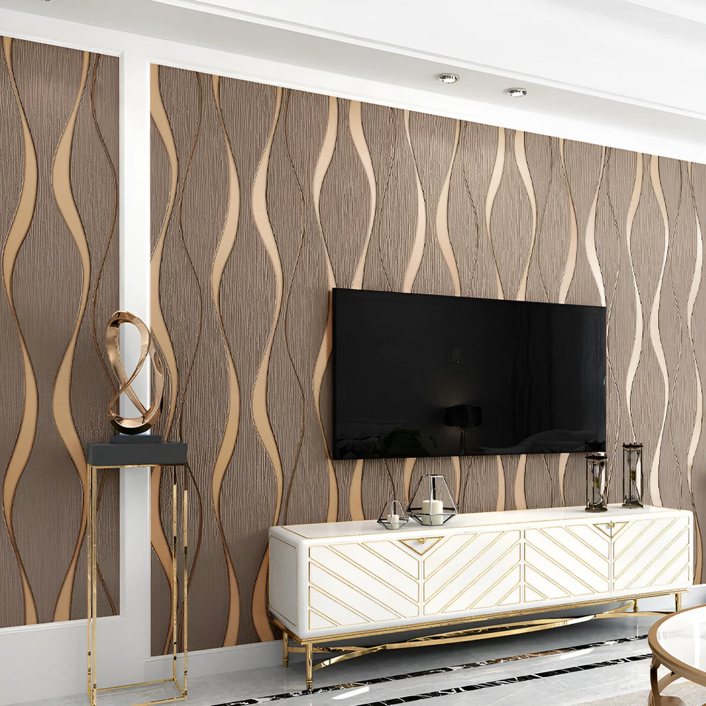 3D curve stripe pattern decorative wallpaper roll in light grey and dark brown deerskin velvet texture